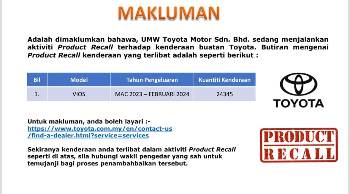 JPJ Umum Pemanggilan Semula Beberapa Model Kenderaan