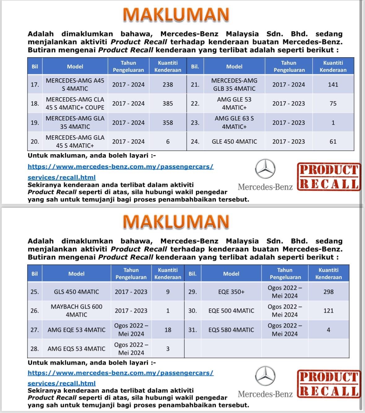 JPJ Umum Pemanggilan Semula Beberapa Model Kenderaan