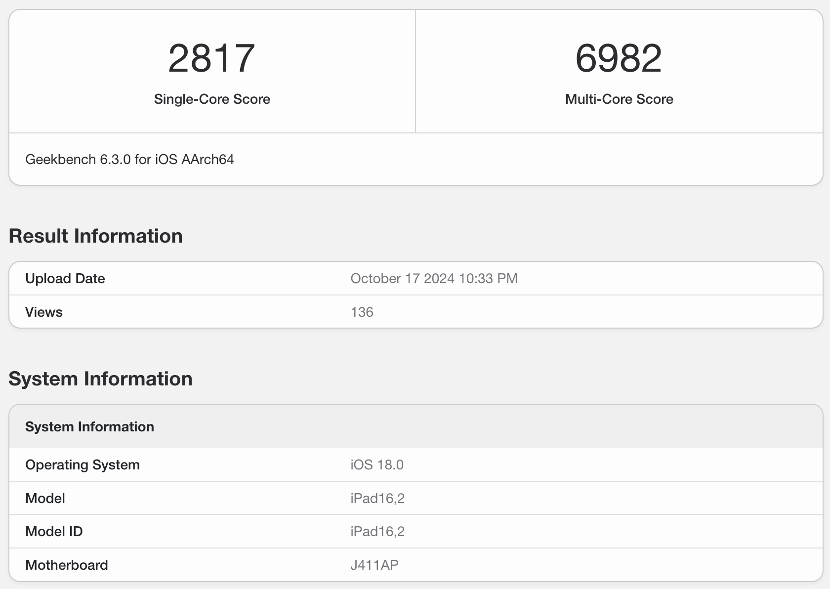 geekbench ipad mini 2024 8gb ram