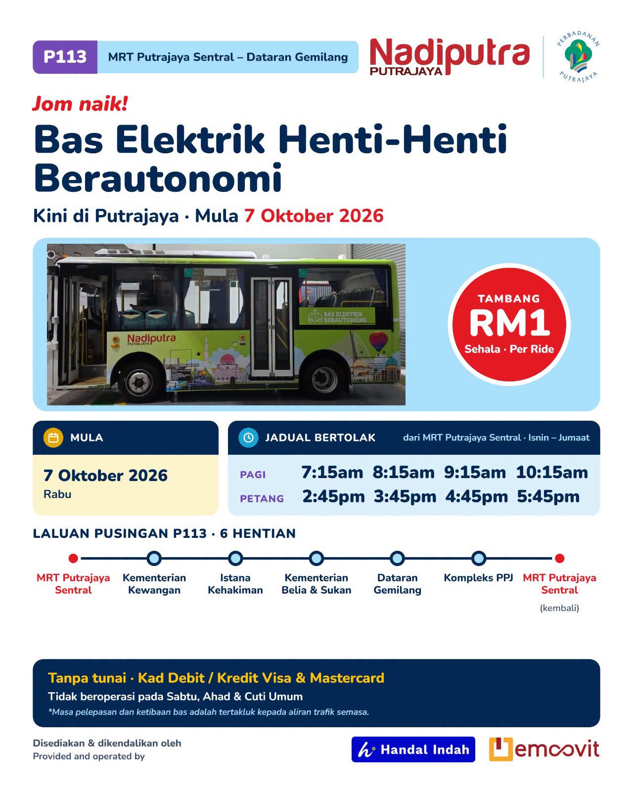 Hanya RM1, Bas Elektrik Henti-Henti Berautonomi Mula Beroperasi Di 6 Stesen Di Putrajaya