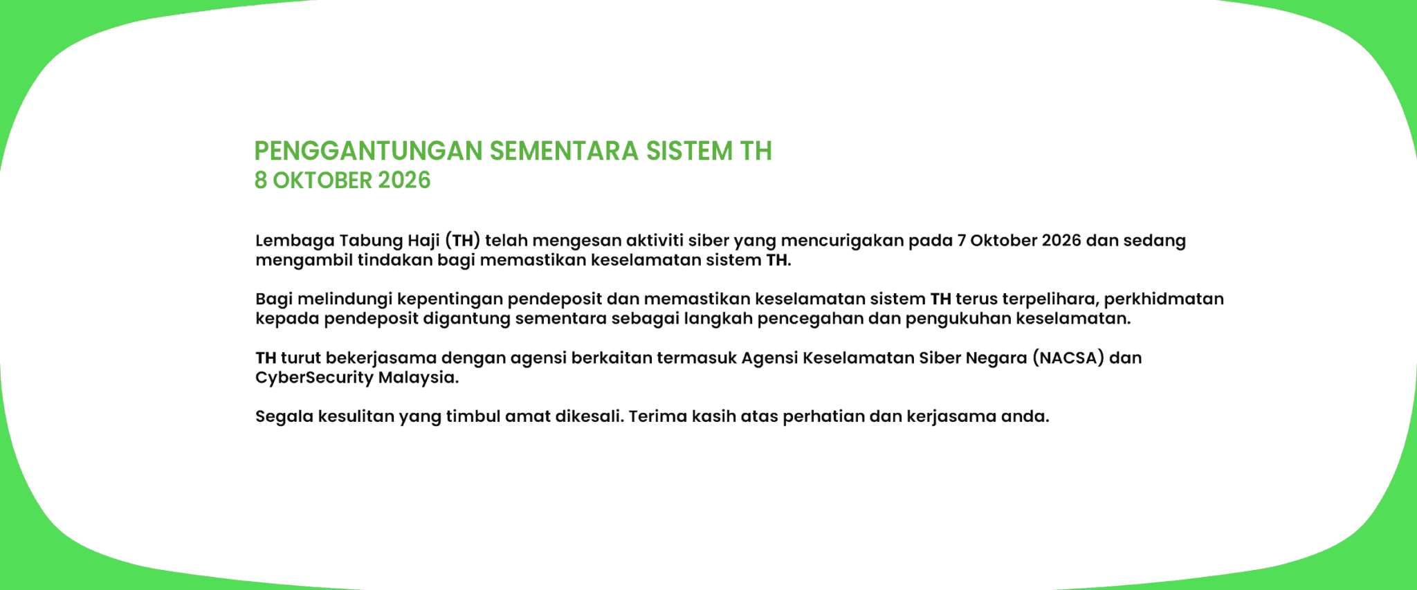 Tabung Haji Kesan Aktiviti Siber Mencurigakan, Gantung Sementara Perkhidmatan