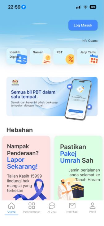 Buka aplikasi MyGOV dan tekan Log Masuk di penjuru kanan atas skrin utama.