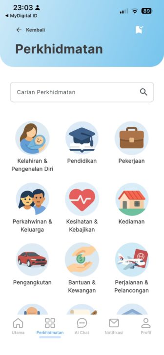 Pilih "Kelahiran & Pengenalan Diri", ikon pertama dalam senarai perkhidmatan.