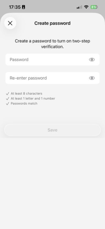 Cipta kata laluan sekurang-kurangnya 8 aksara, dengan sekurang-kurangnya 1 huruf dan 1 nombor. Taip sekali lagi, kemudian tekan Save.