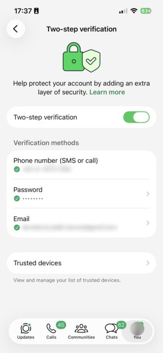 Siap. Pengesahan dua langkah kini hidup, dengan nombor telefon, kata laluan dan e-mel sebagai cara pengesahan.