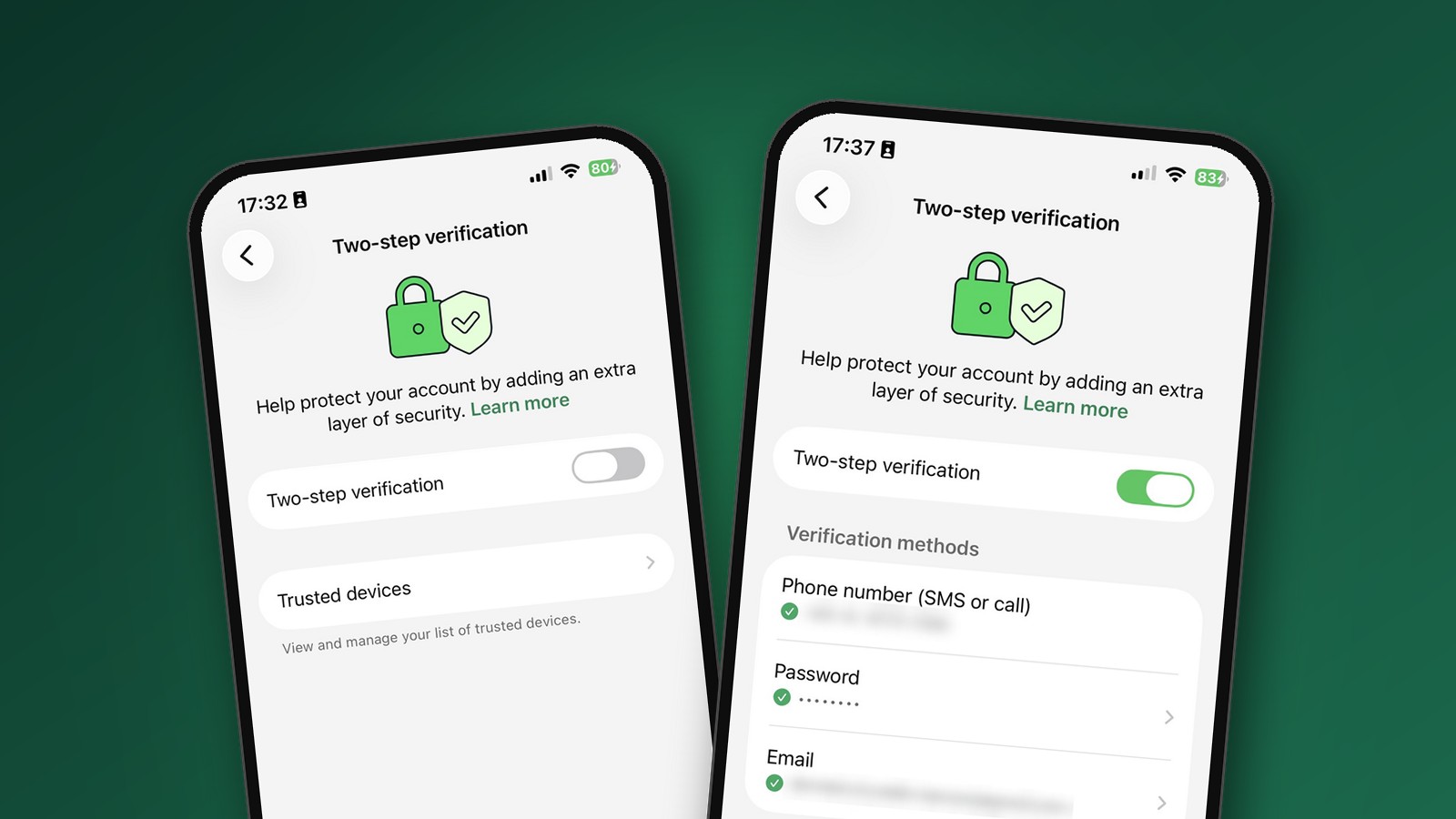 Pengesahan dua langkah (2FA) WhatsApp sebelum dan selepas dihidupkan