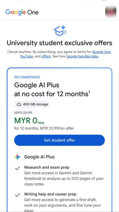 Pilih pelan Google AI Plus. Pada bahagian pilihan pelan, pilih pelan Google AI Plus yang memaparkan kadar tawaran khas kepada pelajar iaitu RM0/bulan selama 12 bulan.