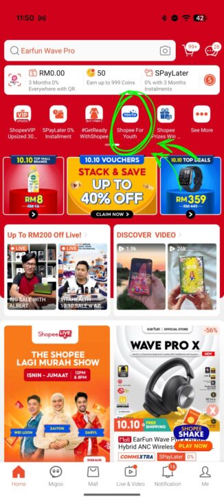 Klik pada ikon "Shopee For Youth" di laman utama.