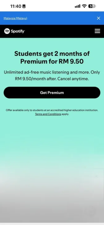 Layari laman rasmi Spotify https://www.spotify.com/my-en/student/ dan pilih pelan 'Student'.